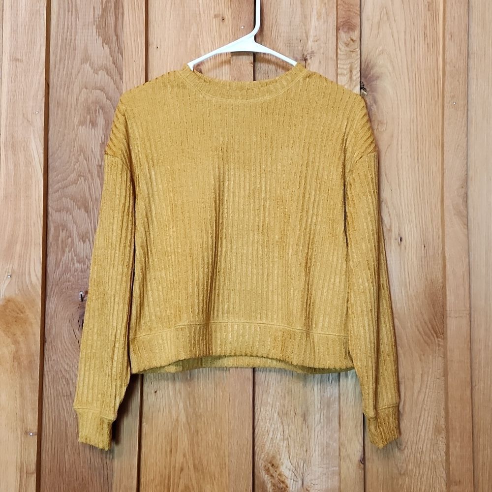 NEW Band of the Free Ribbed Crewneck Knit Cropped Sweater, Small, Gold